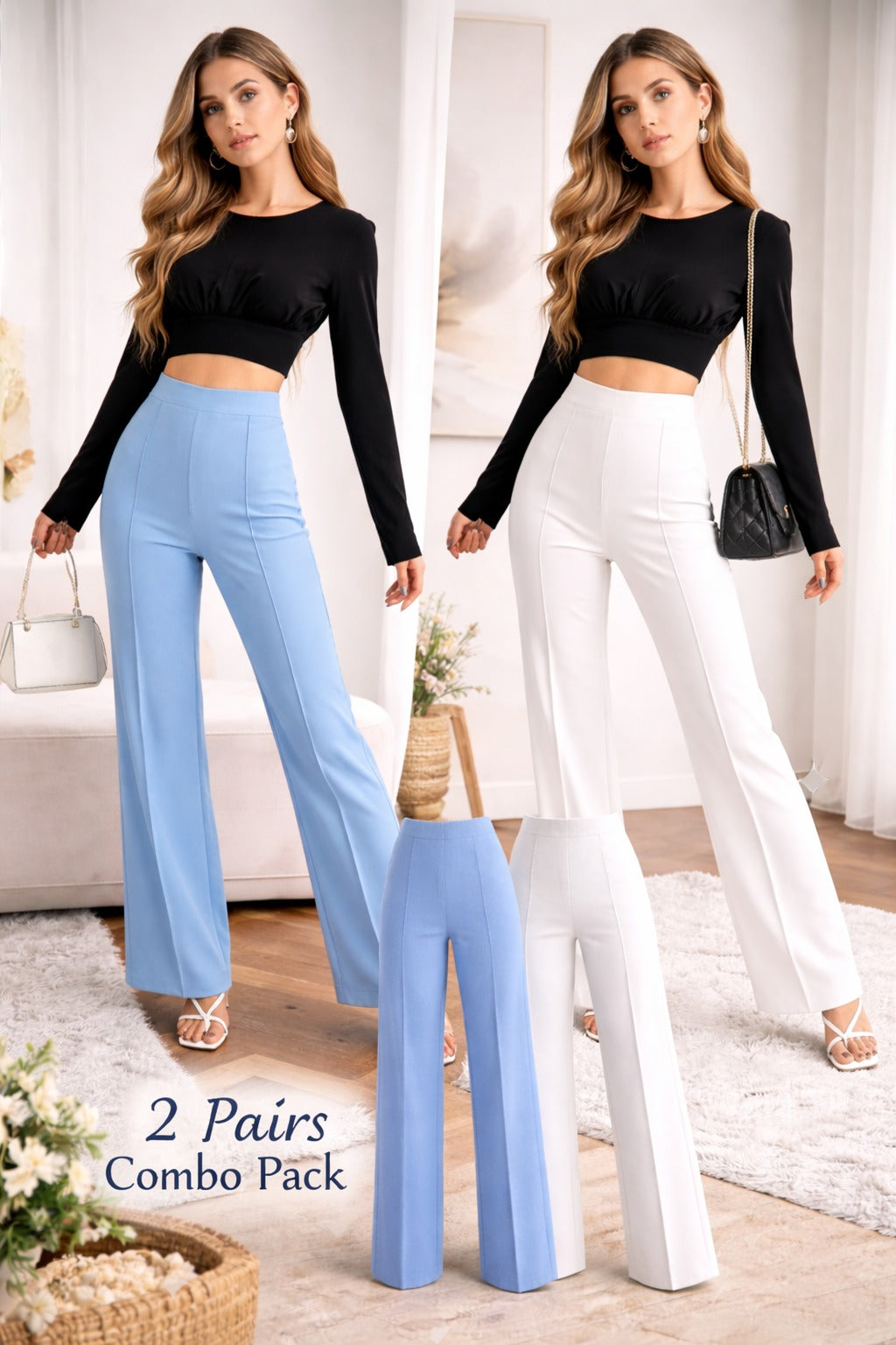 Women High-Waist Straight Fit Trousers (2 Pair Combo – Blue & White)