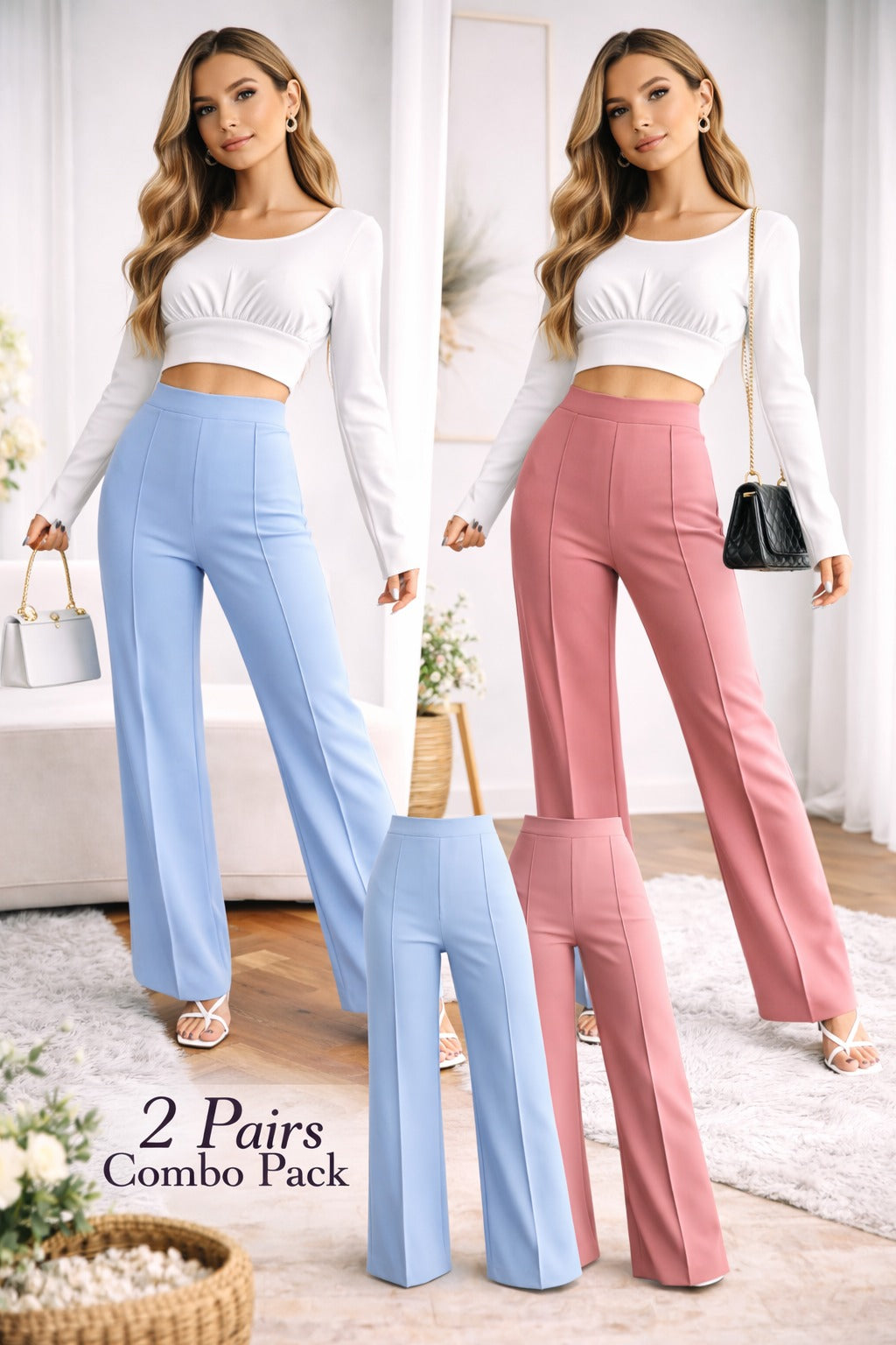 Women High-Waist Straight Fit Trousers (2 Pair Combo Pack)