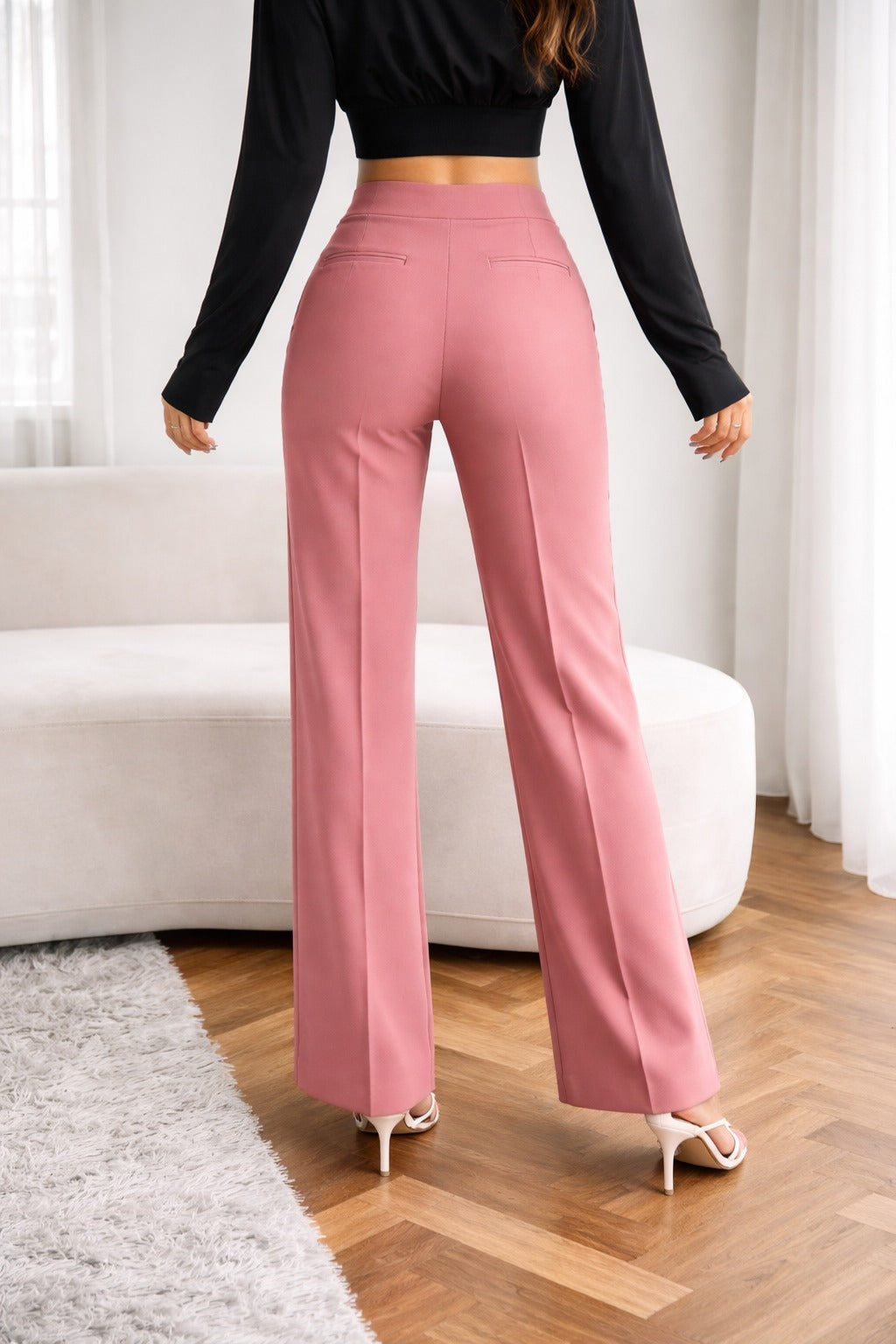 High-Waisted Wide-Leg Pants – Elegant Tailored Fit (Blush Pink)