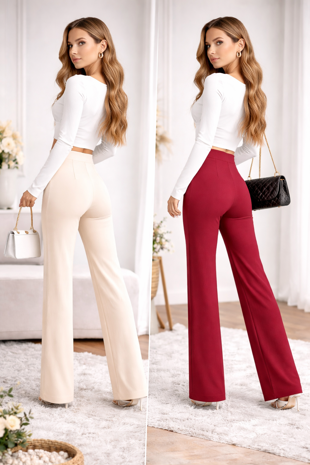 2-Pack High-Waisted Wide-Leg Pants – Elegant Tailored Fit (White & Red)