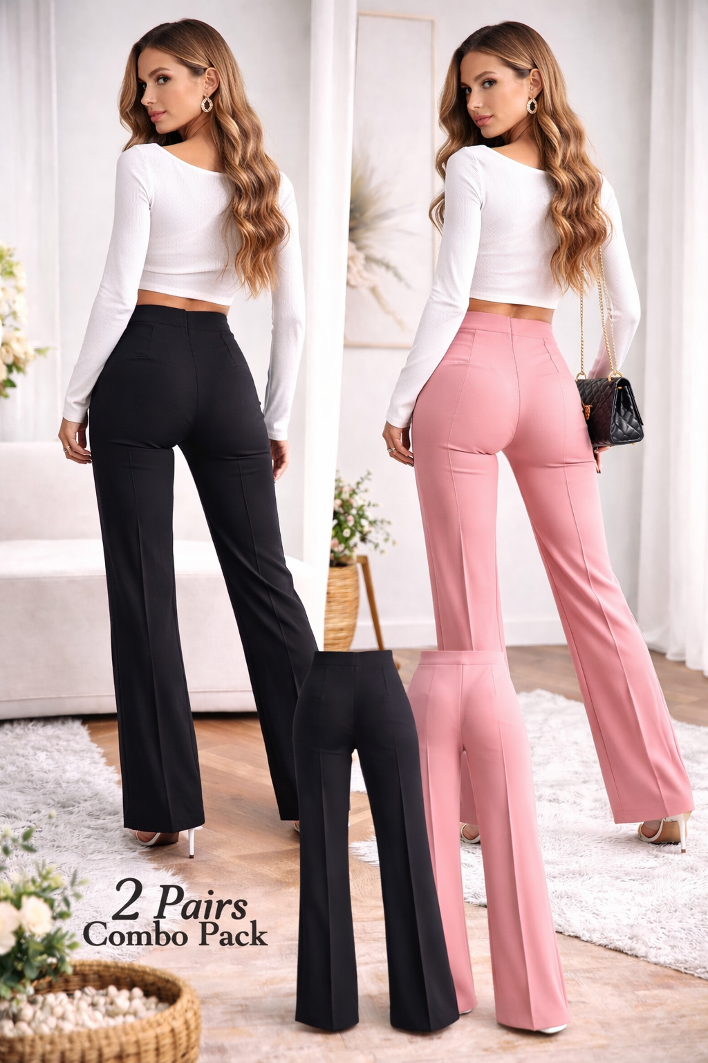 Women’s High Waist Straight Fit Trousers (Pack of 2) – Black & Blush Pink Elegant Combo