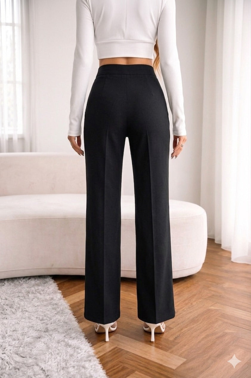 Women’s High Waist Straight Fit Black Trousers – Elegant Formal & Casual Pants