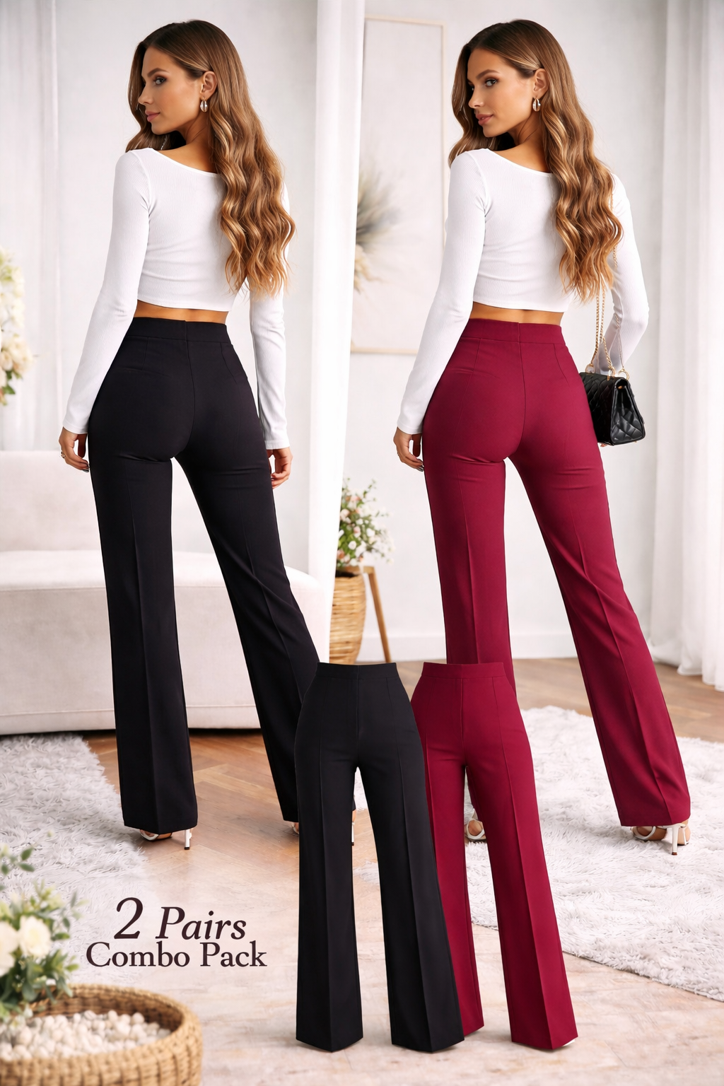 Women’s High Waist Straight Fit Trousers (Pack of 2) – Elegant Formal & Casual Pants Combo