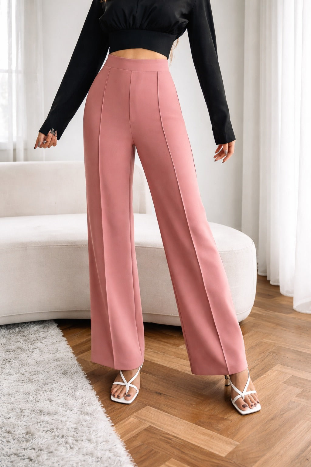 High-Waisted Wide-Leg Pants – Elegant Tailored Fit (Blush Pink)