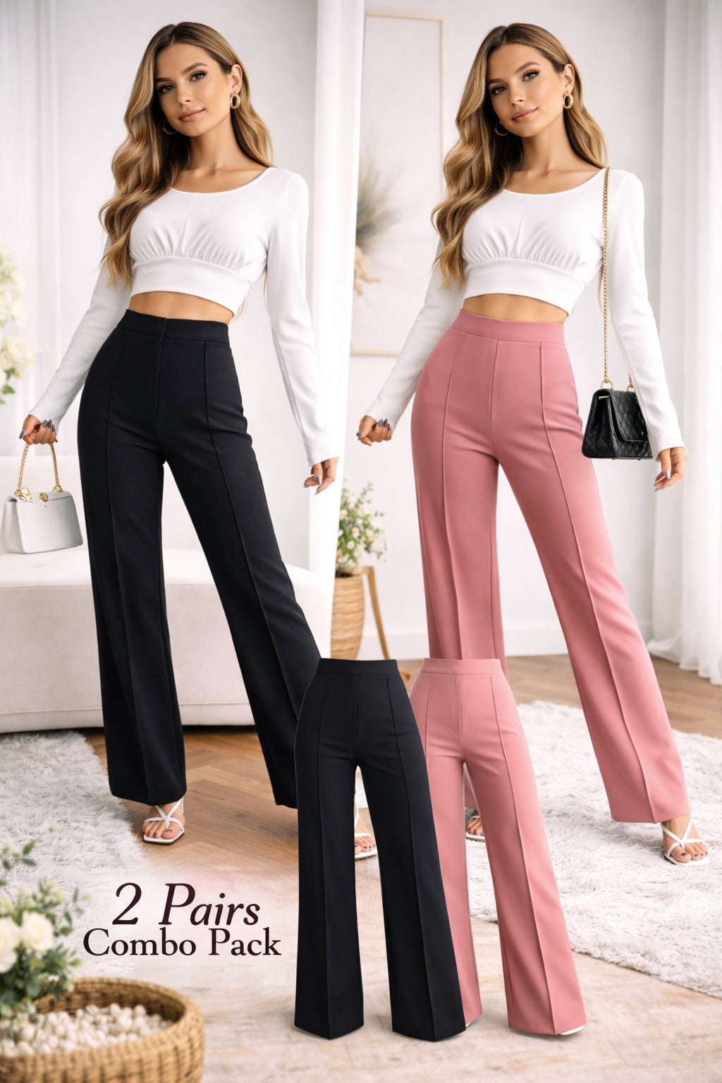 Women’s High Waist Straight Fit Trousers (Pack of 2) – Black & Blush Pink Elegant Combo