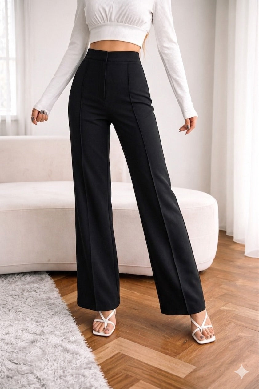 Women’s High Waist Straight Fit Black Trousers – Elegant Formal & Casual Pants