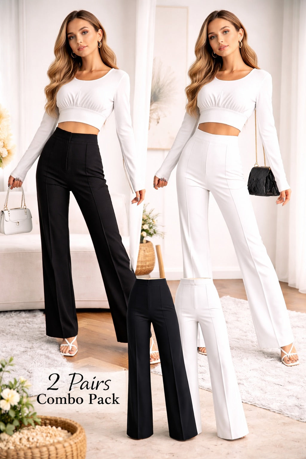 2-Pack High-Waisted Wide-Leg Pants – Elegant Tailored Fit (Black & White)