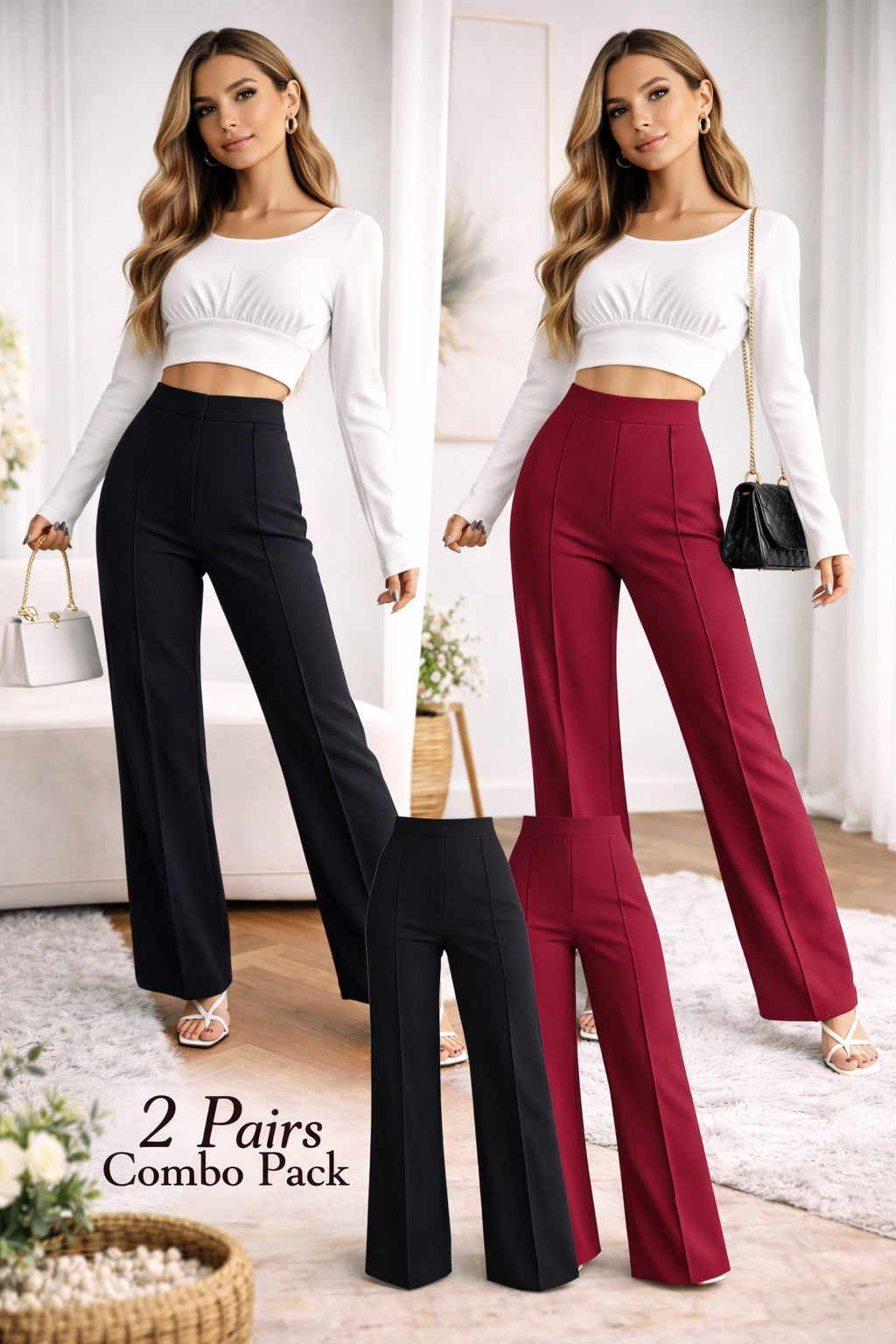Women’s High Waist Straight Fit Trousers (Pack of 2) – Elegant Formal & Casual Pants Combo