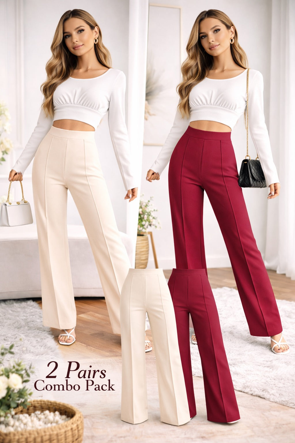 2-Pack High-Waisted Wide-Leg Pants – Elegant Tailored Fit (White & Red)