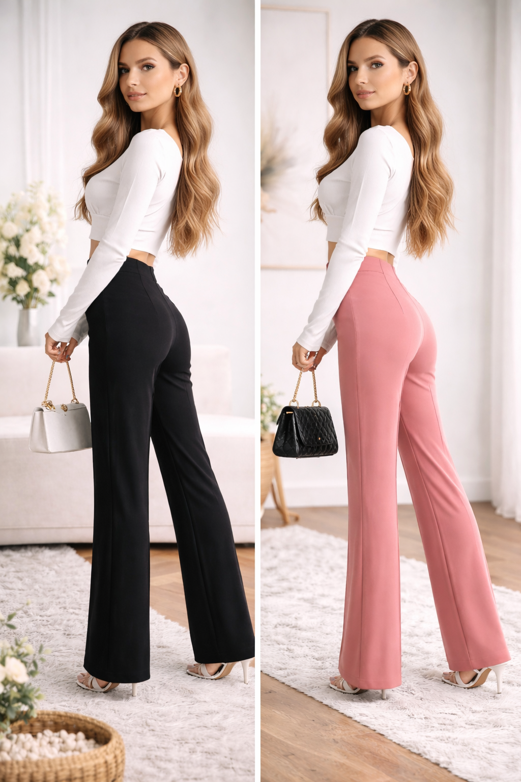 Women’s High Waist Straight Fit Trousers (Pack of 2) – Black & Blush Pink Elegant Combo