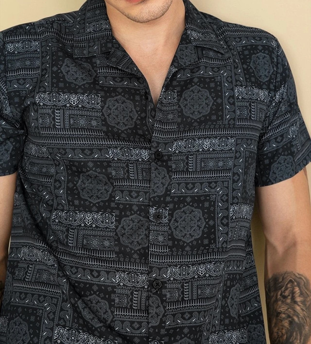 Men’s Premium Black Ethnic Print Cord Set – Luxury Minimal Co-ord Shirt & Shorts