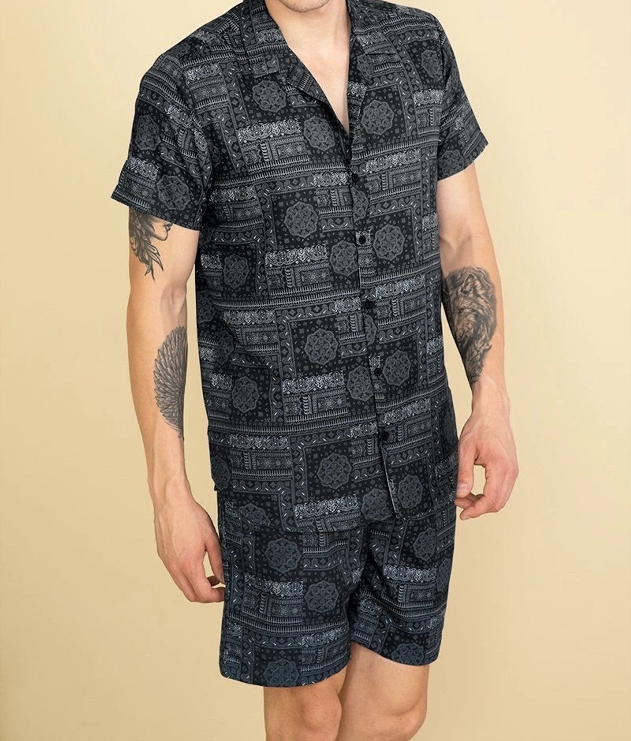 Men’s Premium Black Ethnic Print Cord Set – Luxury Minimal Co-ord Shirt & Shorts