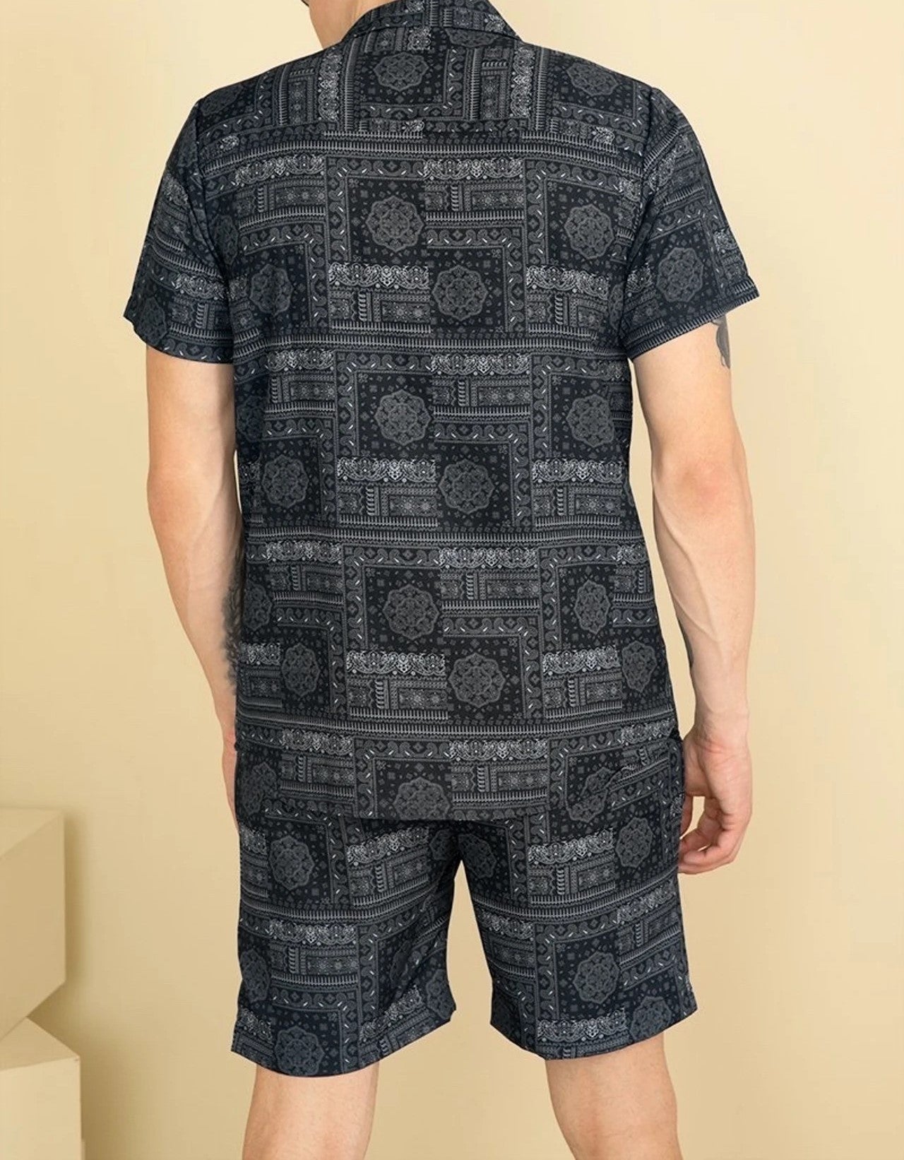 Men’s Premium Black Ethnic Print Cord Set – Luxury Minimal Co-ord Shirt & Shorts