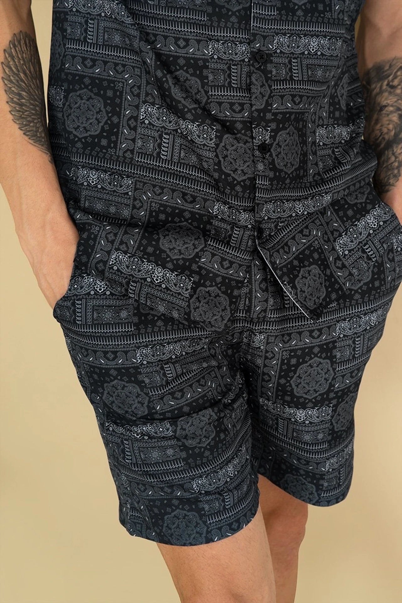 Men’s Premium Black Ethnic Print Cord Set – Luxury Minimal Co-ord Shirt & Shorts